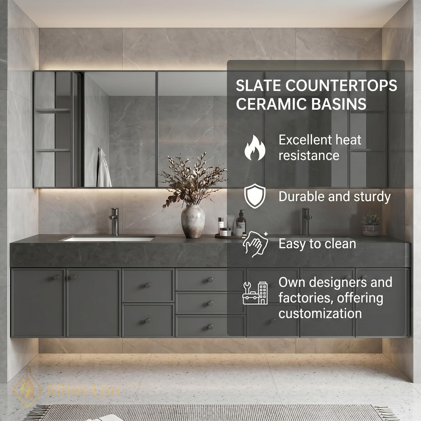 76''-96'' Double Bathroom Vanity with Sink Matte Grey Stone-Textured Countertop Modern Spaces