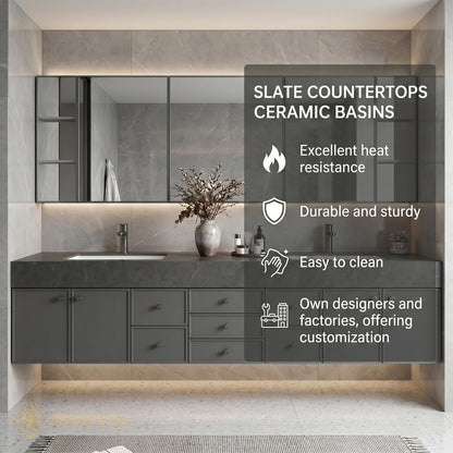 76''-96'' Double Bathroom Vanity with Sink Matte Grey Stone-Textured Countertop Modern Spaces