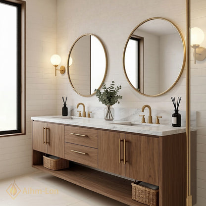 60''-96'' Double Bathroom Vanity with Sink Wood Grain Marble Pattern Dual Open Shelves Cabinet