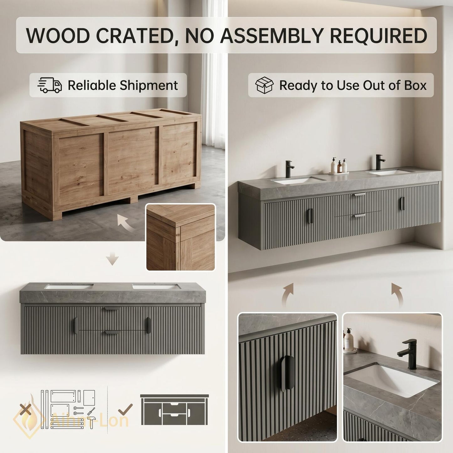 60''-96'' Modern Double Bathroom Vanity with Sink Dark Slate Fluted Vertical Panel