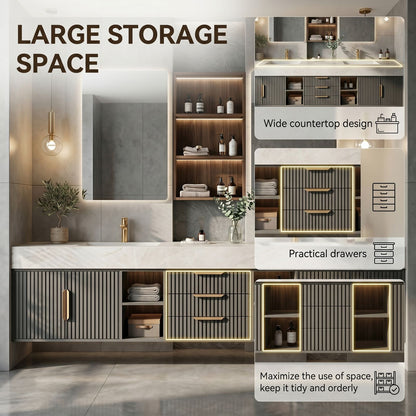 72''-96'' Double Bathroom Vanity with Sink Slat Front Panels Marble Look Shelving Cabinet