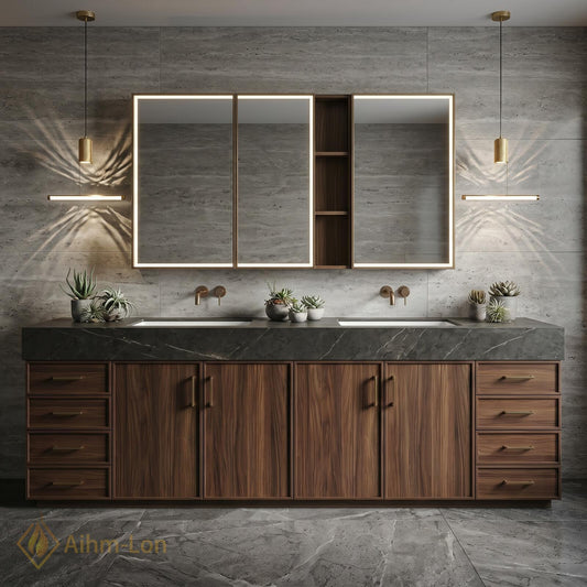 78''-96'' Double Bathroom Vanity with Sink Dark Stone Top Walnut