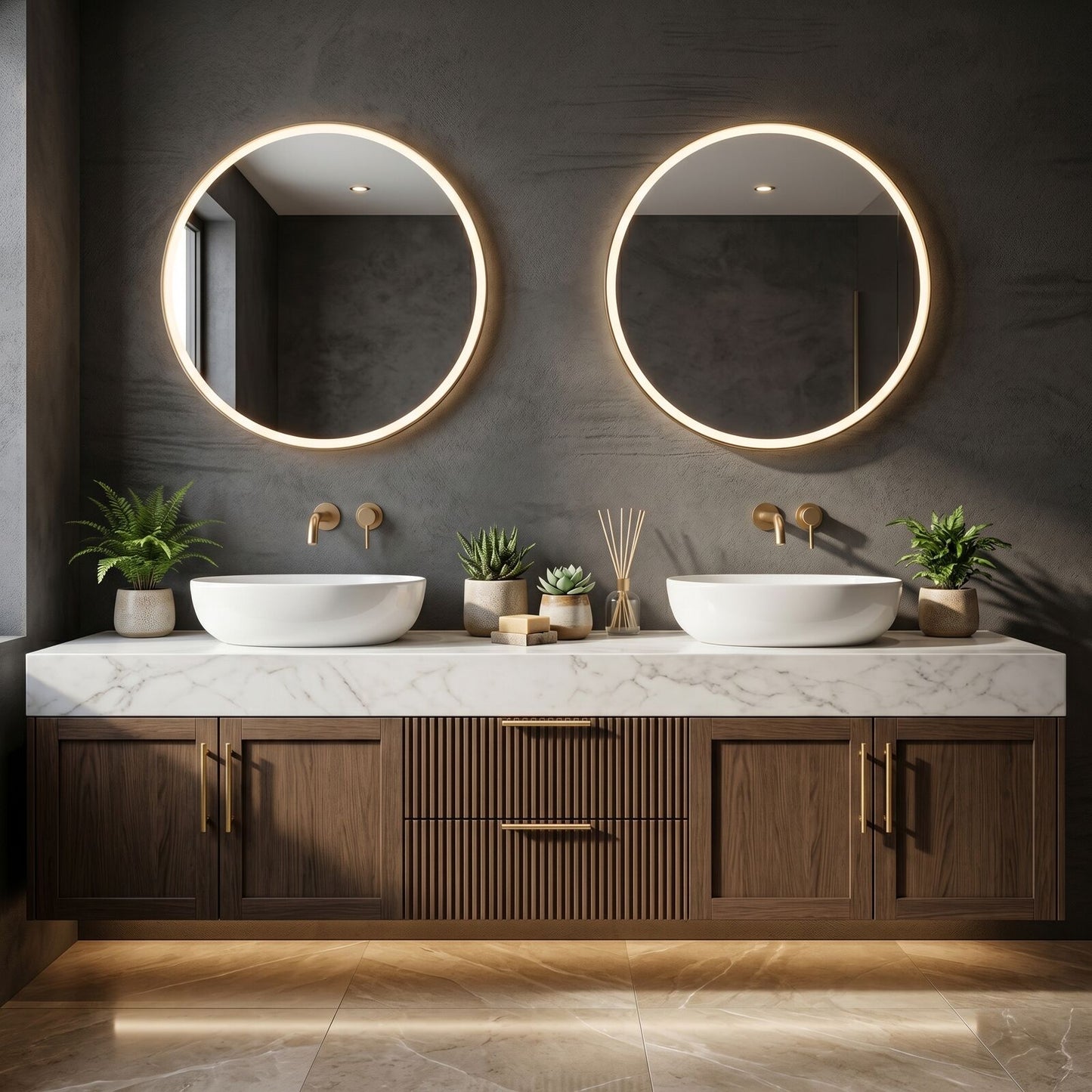 60''-96'' Modern Bathroom Vanity with Sink Double Sink Slatted Wood Marble Grain Round Mirrors