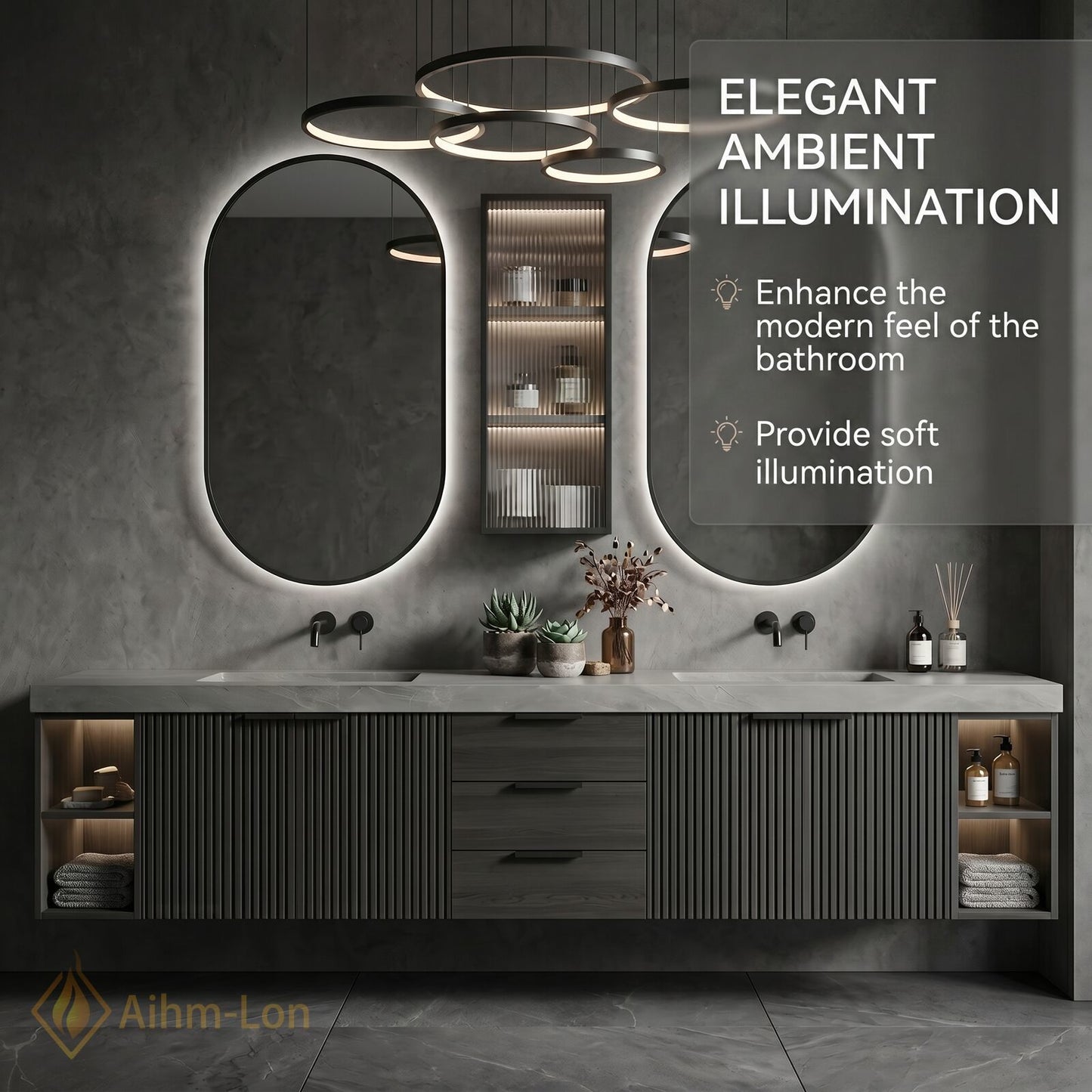 76''-96'' Double Bathroom Vanity with Sink Grey Modern Stone-Top Fluted Dark Panel