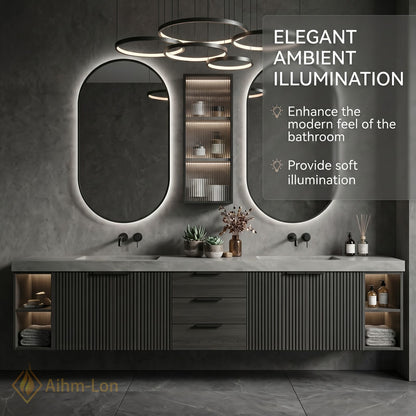 76''-96'' Double Bathroom Vanity with Sink Grey Modern Stone-Top Fluted Dark Panel