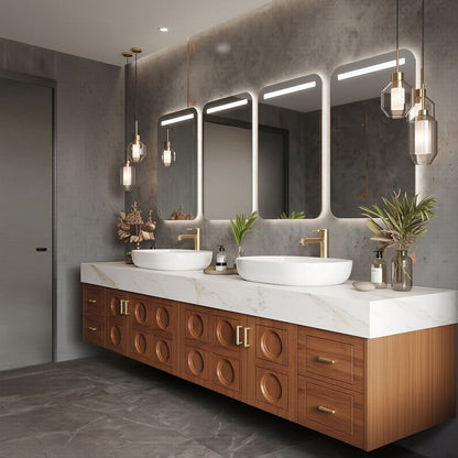 70''-96'' Modern Bathroom Vanity with Sink Carved Circular Panels Rich Wood Grain Cabinet