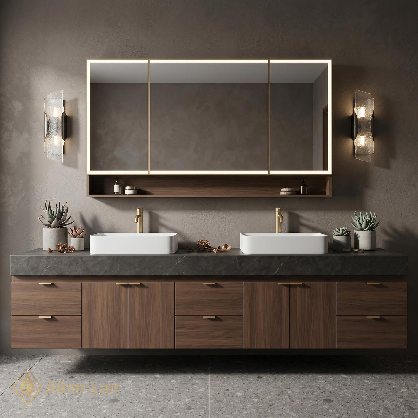 78''-96'' Double Bathroom Vanity with Sink Modern Floating Dark Wood Finish Rectangular