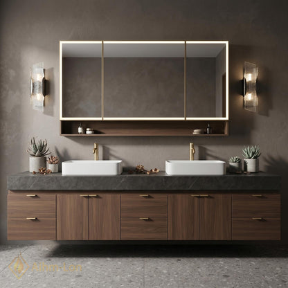 78''-96'' Double Bathroom Vanity with Sink Modern Floating Dark Wood Finish Rectangular