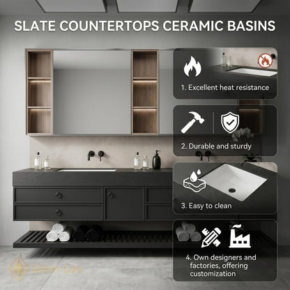 60''-96'' Double Bathroom Vanity with Sink Floating Dark Matte Finish Open Shelving