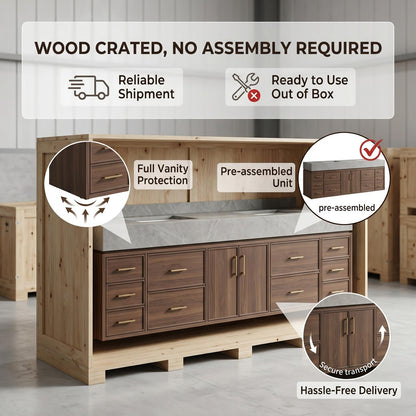 60''-96'' Double Bathroom Vanity with Sink Modern Floating Dark Walnut Slatted Center Panel