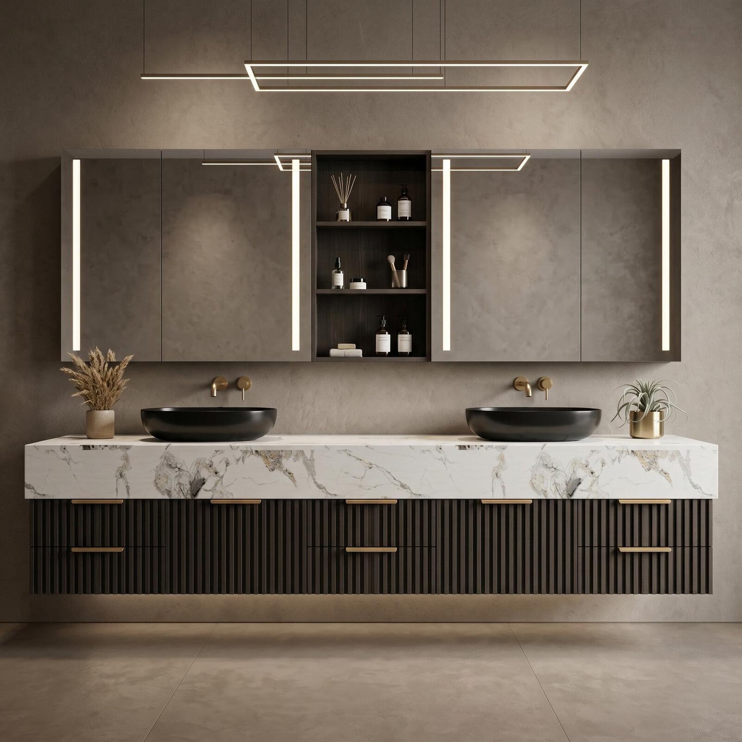 70''-96'' Modern Bathroom Vanity with Sink Double Basin Dark Walnut Slatted Panel