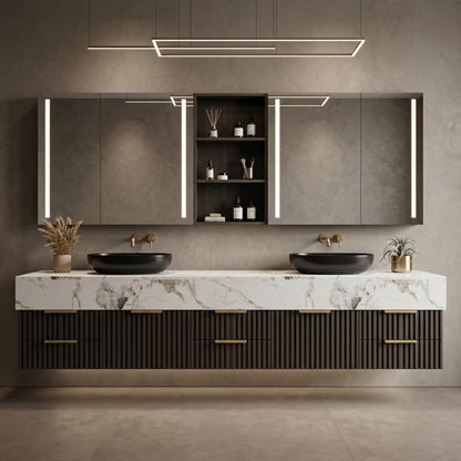 70''-96'' Modern Bathroom Vanity with Sink Double Basin Dark Walnut Slatted Panel