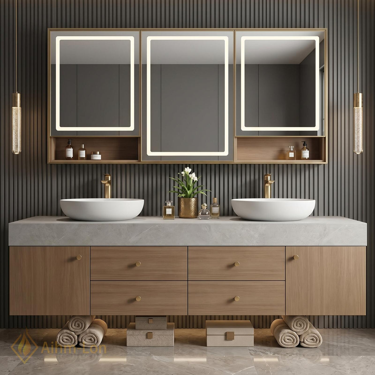 60''-96'' Double Bathroom Vanity with Sink Modern Floating Warm Wood Grain Cabinetry