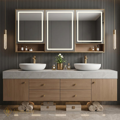 60''-96'' Double Bathroom Vanity with Sink Modern Floating Warm Wood Grain Cabinetry