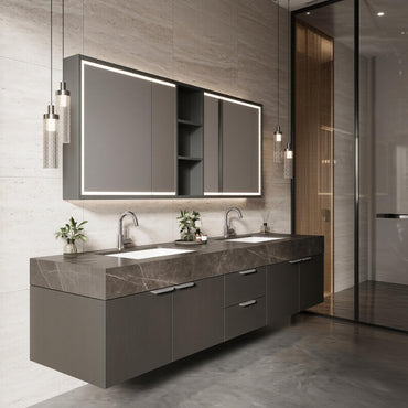 60''-96'' Double Bathroom Vanity with Sink Dark Grey Finish Wood-Grain Texture Open Mirror