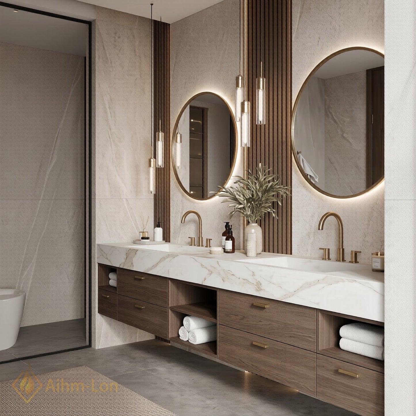 76''-96'' Double Bathroom Vanity with Sink Modern Wood-Grain Slatted Vanities Warm Vertical