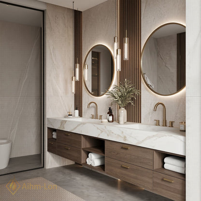 76''-96'' Double Bathroom Vanity with Sink Modern Wood-Grain Slatted Vanities Warm Vertical
