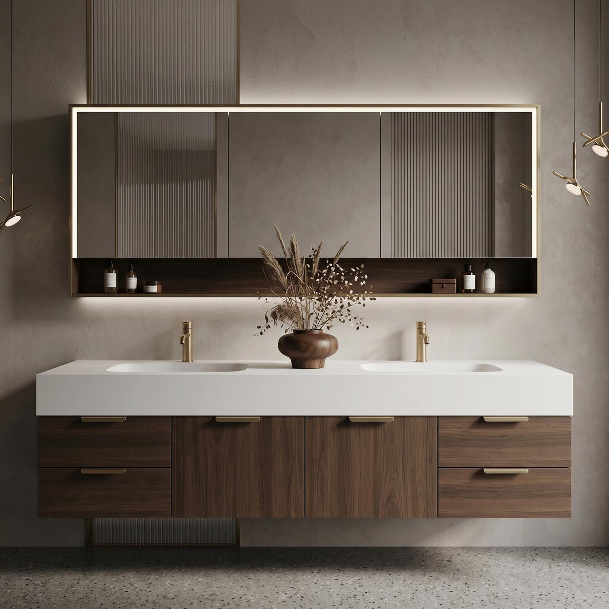 60''-96'' Double Bathroom Vanity with Sink Modern Floating Walnut Finish Fluted Mirror Panel