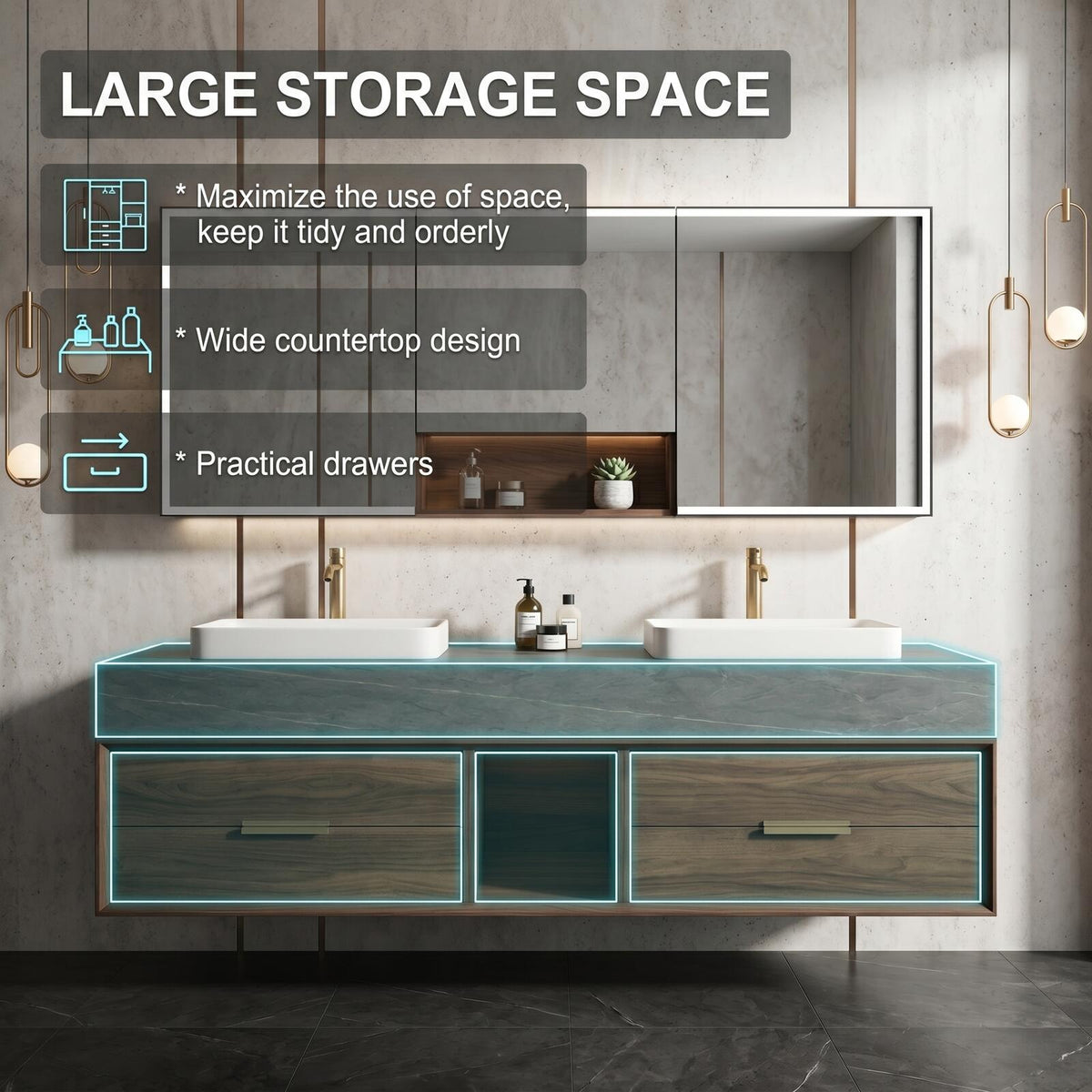 60''-96'' Mid-Century Grey Bathroom Vanity with Sink Large Center Open Shelf Storage