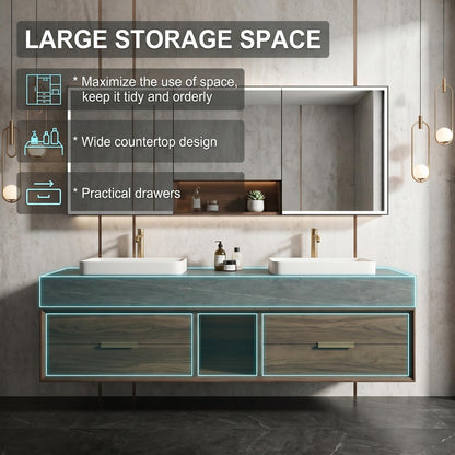 60''-96'' Mid-Century Grey Bathroom Vanity with Sink Large Center Open Shelf Storage
