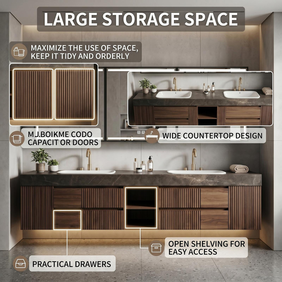 60''-96'' Double Bathroom Vanity with Sink Modern Floating Dark Stone Slatted Open Shelving