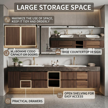 60''-96'' Double Bathroom Vanity with Sink Modern Floating Dark Stone Slatted Open Shelving