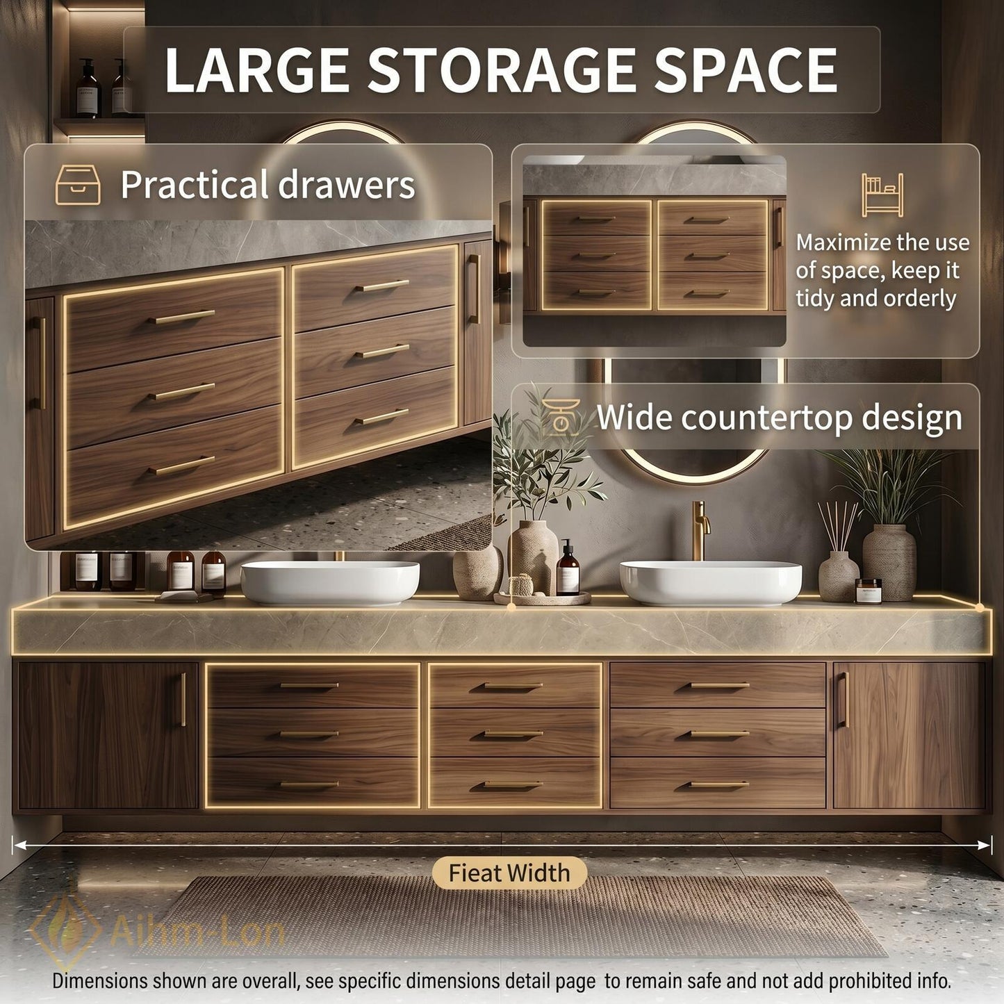 76''-96'' Double Bathroom Vanity with Sink Warm-Walnut Modern Floating Drawers Storage