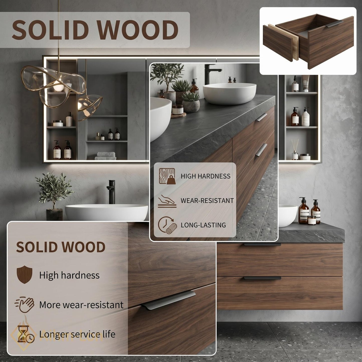 60''-96'' Double Bathroom Vanity with Sink Dark-Walnut Modern Floating Drawers Open