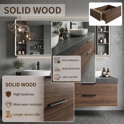 60''-96'' Double Bathroom Vanity with Sink Dark-Walnut Modern Floating Drawers Open