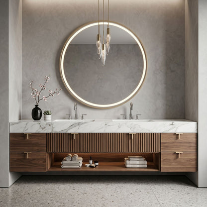 60''-96'' Modern Bathroom Vanity with Sink Floating Wood Grain Front Marble Top