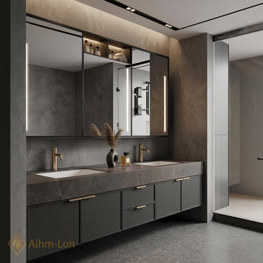 60''-96'' Double Bathroom Vanity with Sink Sleek Dark Slate Textured Stone Top