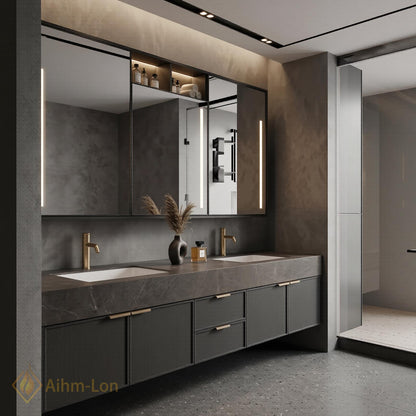 60''-96'' Double Bathroom Vanity with Sink Sleek Dark Slate Textured Stone Top