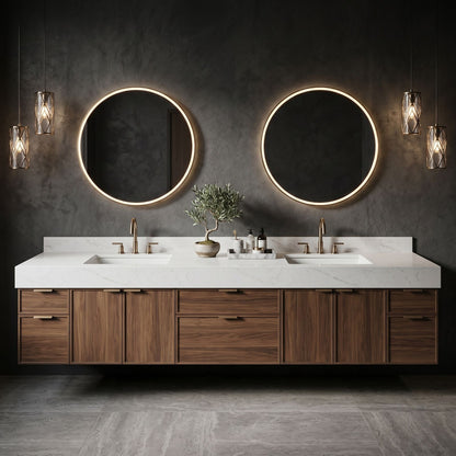 70''-96'' Modern Bathroom Vanity with Sink Double Sink Walnut Wood Marble Floating Cabinet