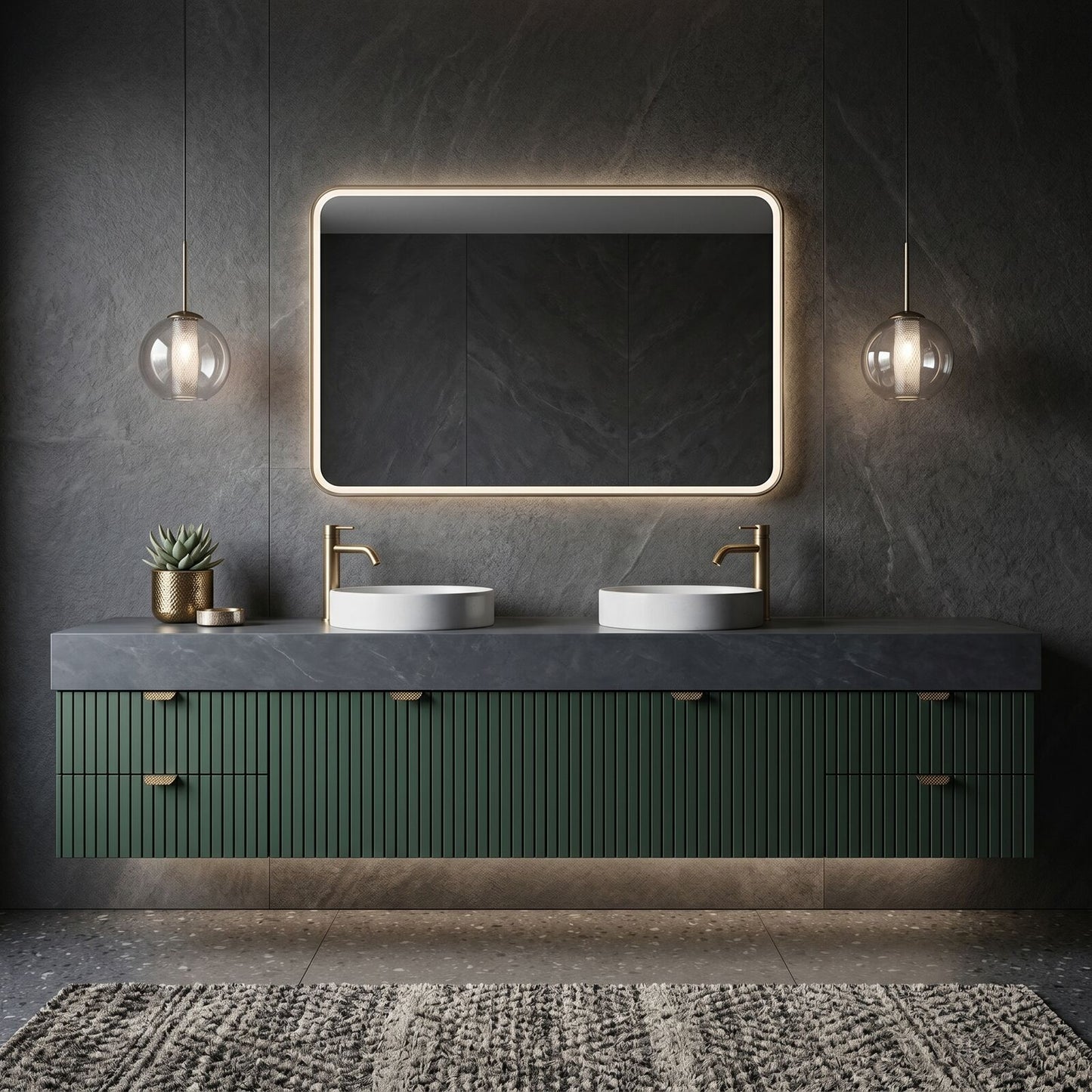 60''-96'' Double Bathroom Vanity with Sink Green Slatted Dark Grey Marble Top Cabinet