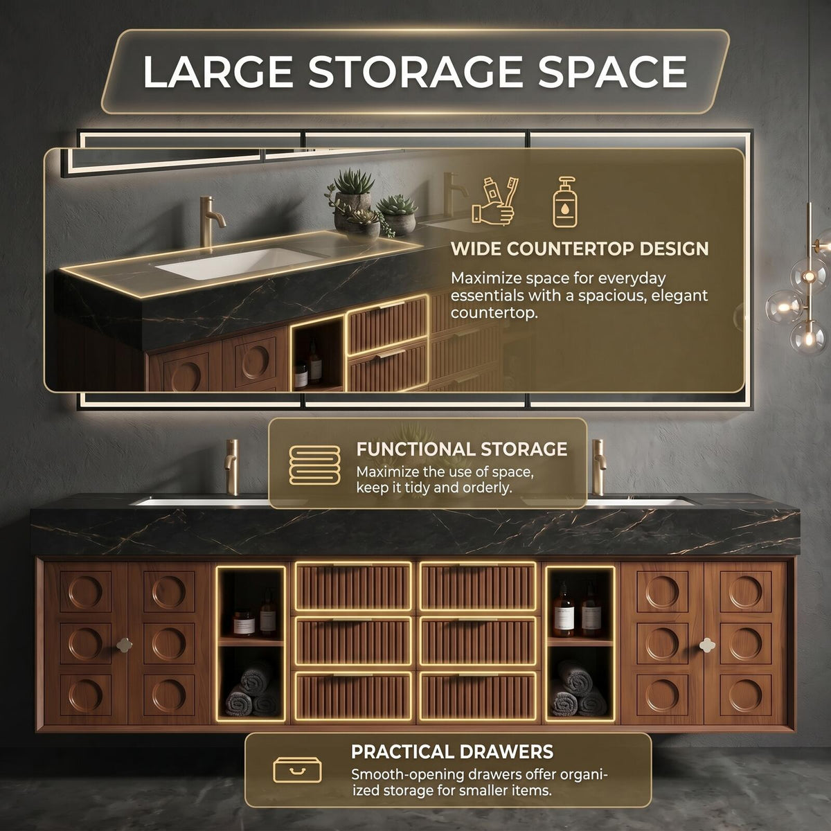 60''-96'' Double Bathroom Vanity with Sink Modern Floating Dark Wood Slatted Center Panel