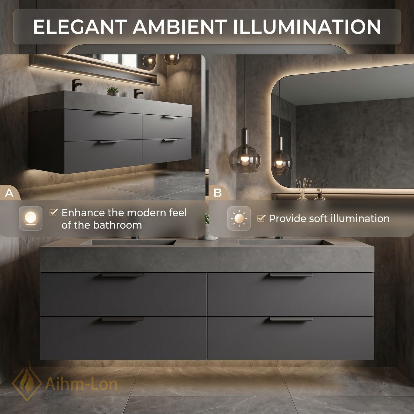 60''-96'' Double Bathroom Vanity with Sink Floating Wall Mounted Dark Stone Texture