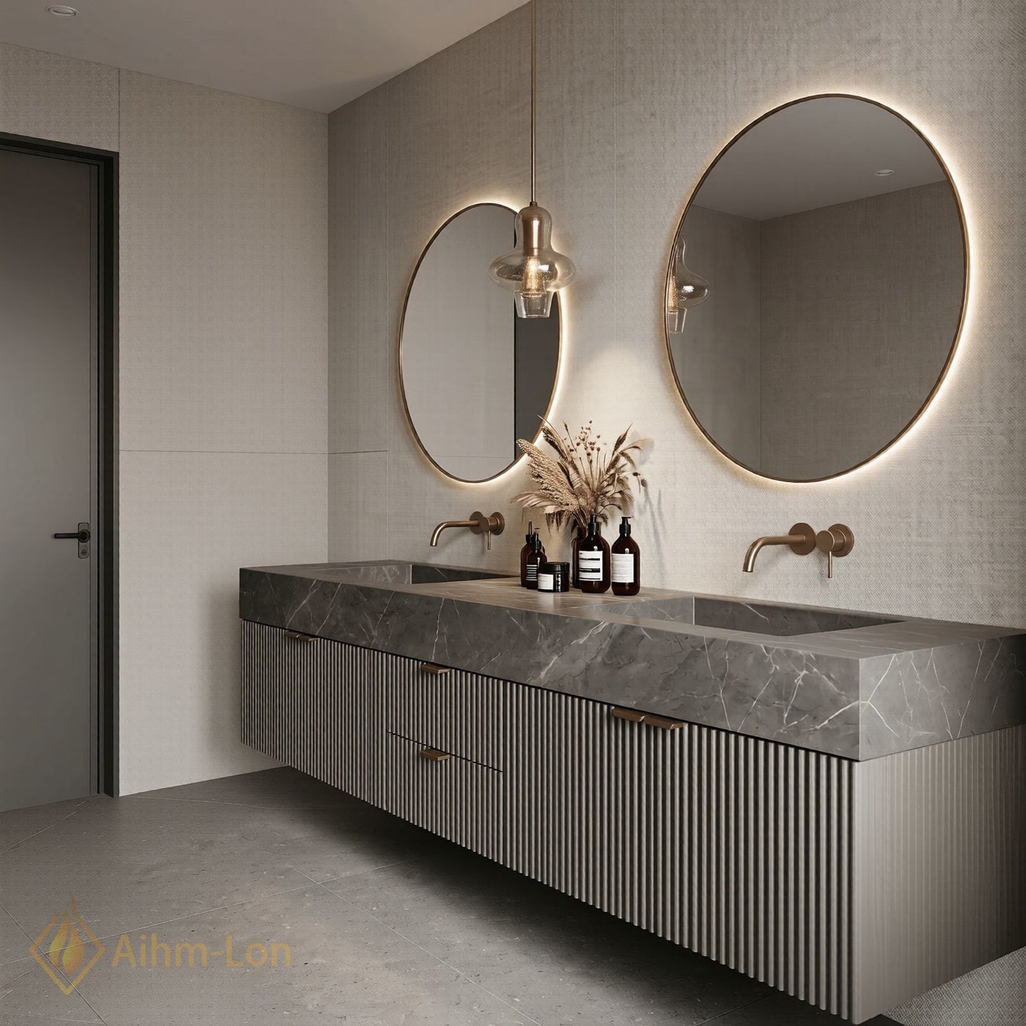 60''-96'' Double Bathroom Vanity with Sink Vertical Ribbed Front Dark Stone Vein