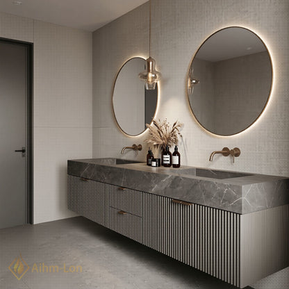 60''-96'' Double Bathroom Vanity with Sink Vertical Ribbed Front Dark Stone Vein