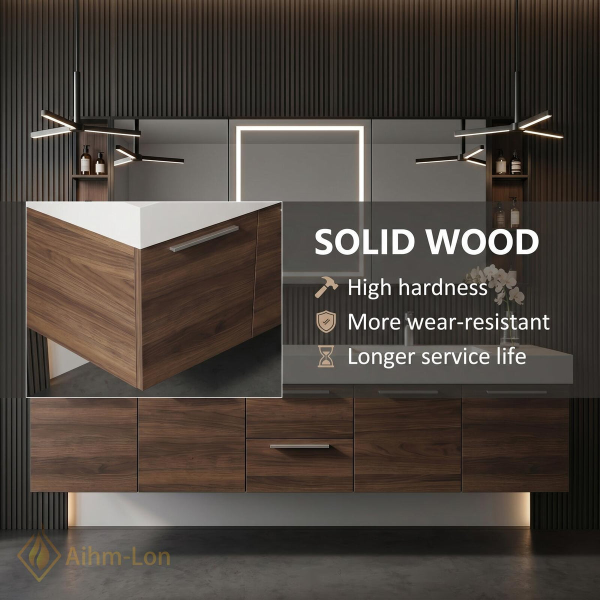 60''-96'' Double Bathroom Vanity with Sink Dark Walnut White Counter Slatted Panel