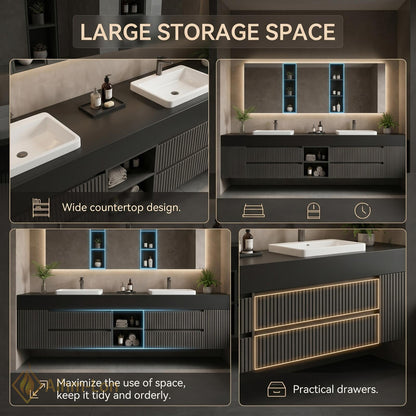60''-96'' Modern Double Bathroom Vanity with Sink Floating Dark Matte Vertical Slats