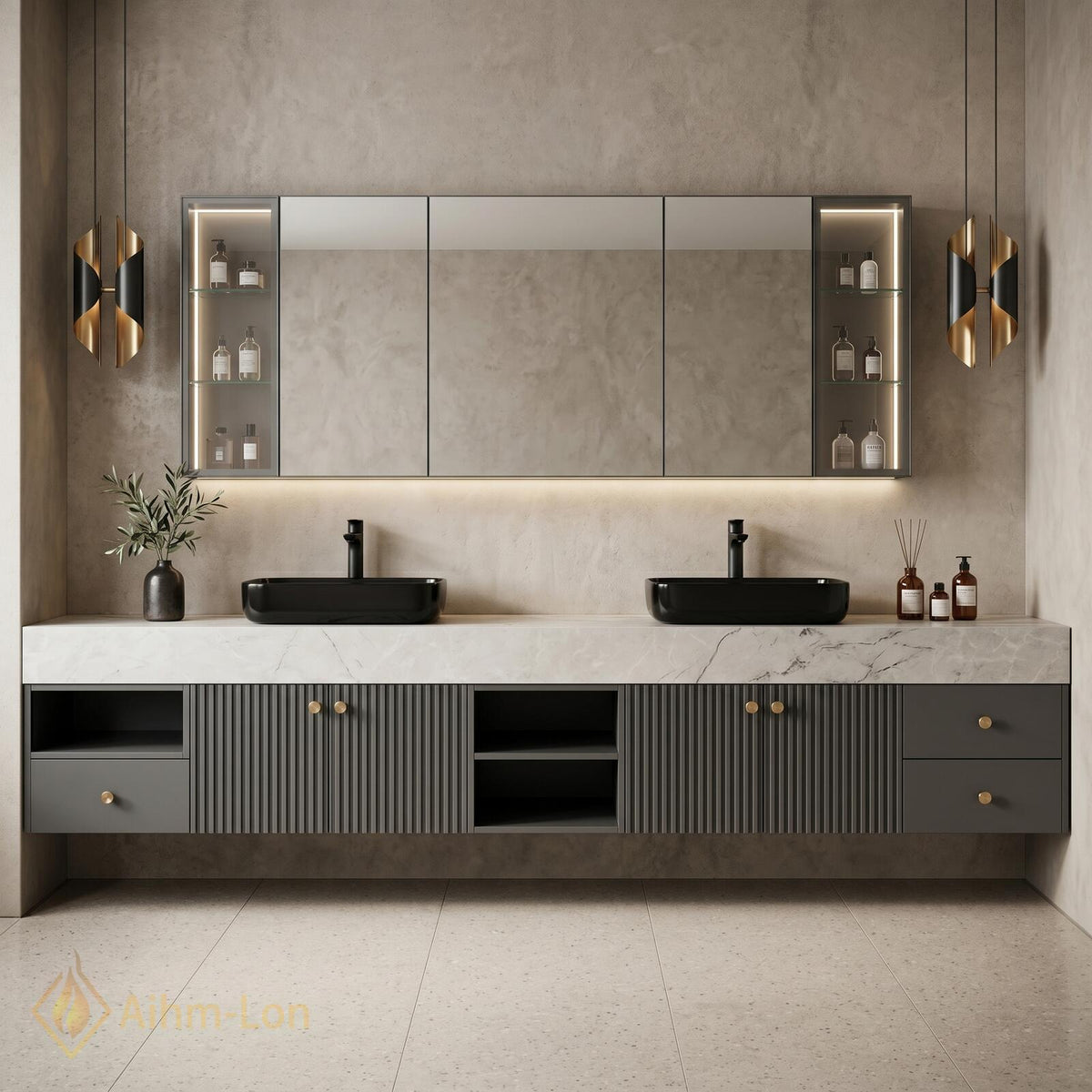 60''-96'' Double Bathroom Vanity with Sink Dark Gray Slatted Doors Marble-Effect Top