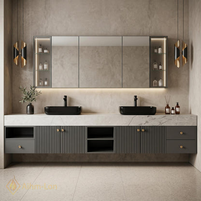 60''-96'' Double Bathroom Vanity with Sink Dark Gray Slatted Doors Marble-Effect Top