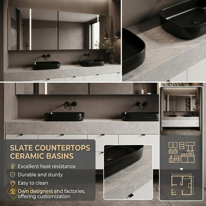 72''-96'' Double Bathroom Vanity with Sink White Modern Floating Stone-Top Drawers