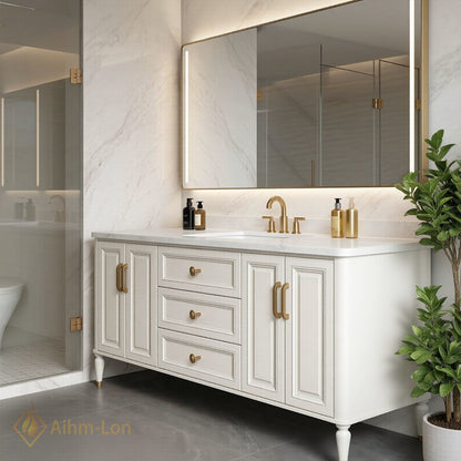 40''-64'' Modern Bathroom Vanity with Sink White Marble Gold Legs Central Drawers