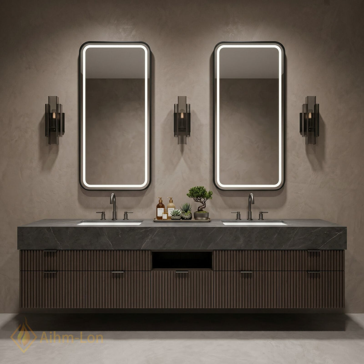 78''-96'' Double Bathroom Vanity with Sink Floating Storage Drawers Dark Stone Modern