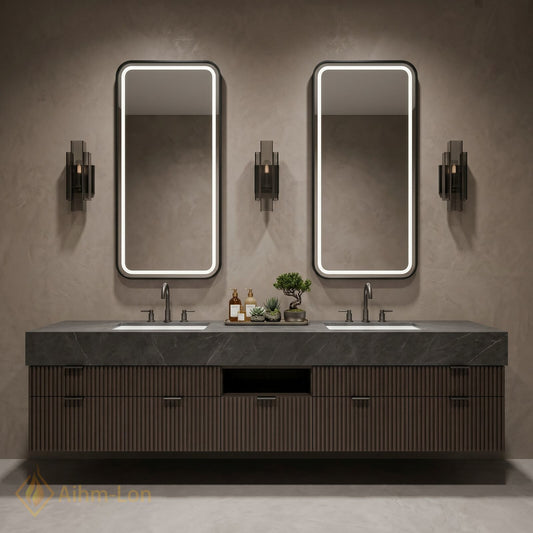 78''-96'' Double Bathroom Vanity with Sink Floating Storage Drawers Dark Stone Modern