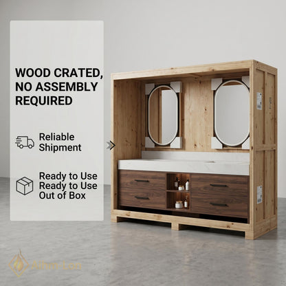 60''-96'' Double Bathroom Vanity with Sink Dark-Walnut Modern Floating Slatted Center Panel
