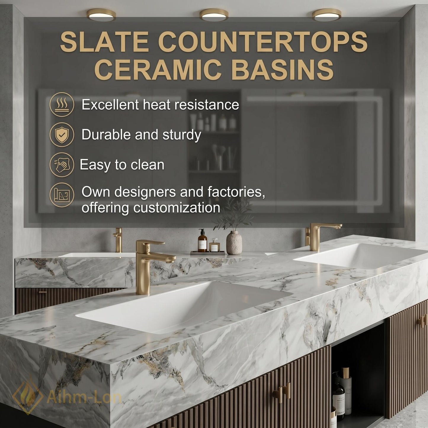 70''-96'' Bathroom Vanity with Sink Modern Floating White Marble Pattern Top Slatted