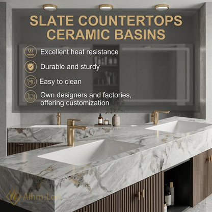 70''-96'' Bathroom Vanity with Sink Modern Floating White Marble Pattern Top Slatted