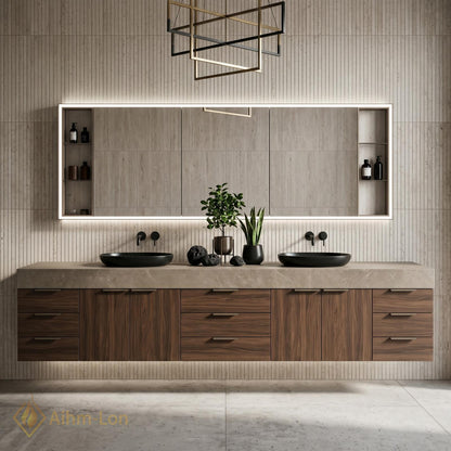 72''-96'' Double Bathroom Vanity with Sink Wood Stone-Top Grain Open Drawers